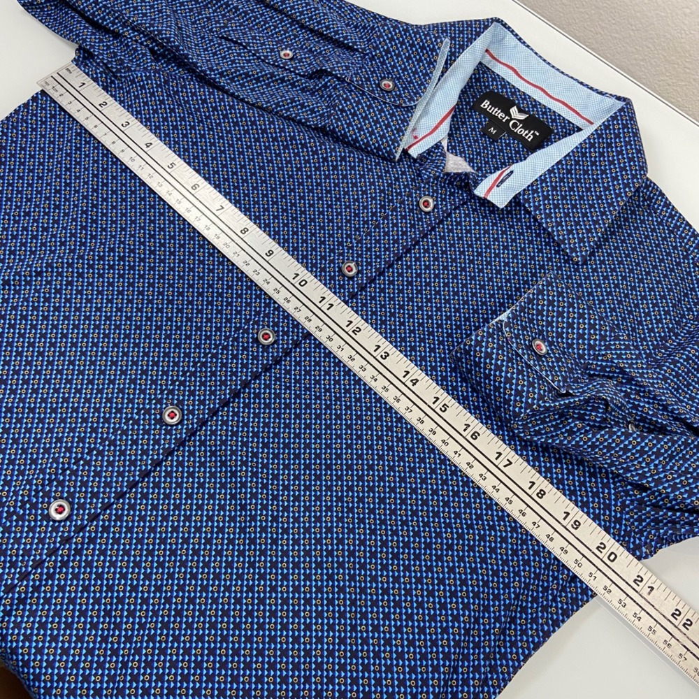 Butter Cloth Mens M Blue Button Up Shirt Excellent Geometric Long Sleeve Cotton - Picture 3 of 7
